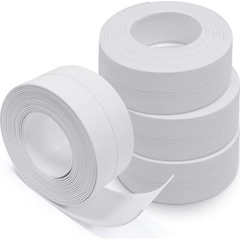 EASYCOMFORT Produit d'étanchéité pour mur et façade,Bas de Porte Adhésif,4 Rouleaux Bande D'étanchéité, Autocollante en PVC, WC, Baignoire, Coin de Mur, Carrelage (Blanc) (1/5)