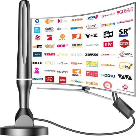 Antenne TV Intérieure Puissante TNT HD, Antenne TV Intérieur avec Amplificateur de Signal à Gain Élevé, 80km Réception Longue Portée à 360° avec Base Magnétique - Blanc (1/5)