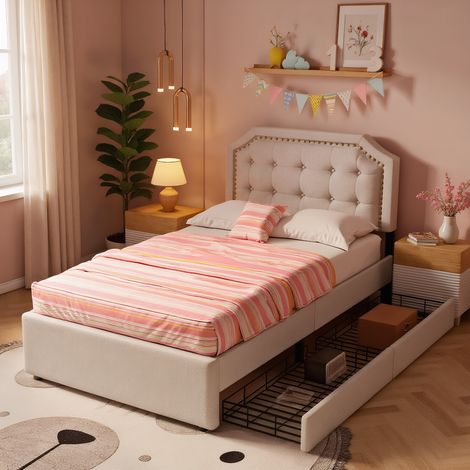 Polsterbett 90x200 cm, Einzelbett mit höhenverstellbares Kopfteil, Modernes Jugendbett mit 2 Schubladens, Bettgestell mit Lattenrost, Hellbeige Grau, Ohne Matratze