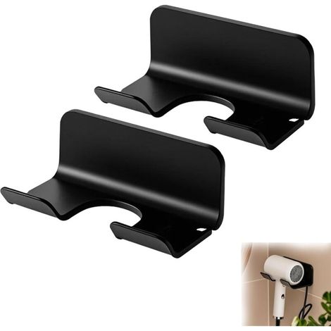 Porte-sèche-cheveux mural 2 pièces en acier inoxydable noir – Support pratique pour salle de bain, hôtel ou chambre (1/5)