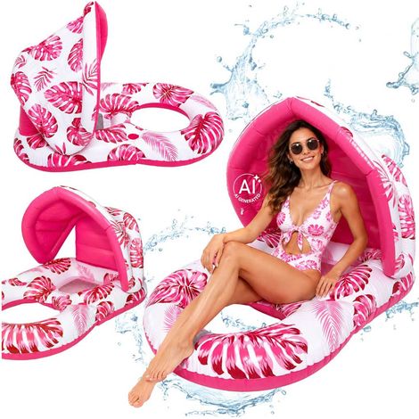 Pink Inflatable Pool Lounge Chair with Backrest and Canopy (1/5)
