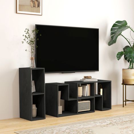 Meuble TV modulable pour téléviseur jusqu’à 75 pouces : avec 2 étagères en L et tablette rectangulaire, en bois, 134-180x30,5x44 cm, noir