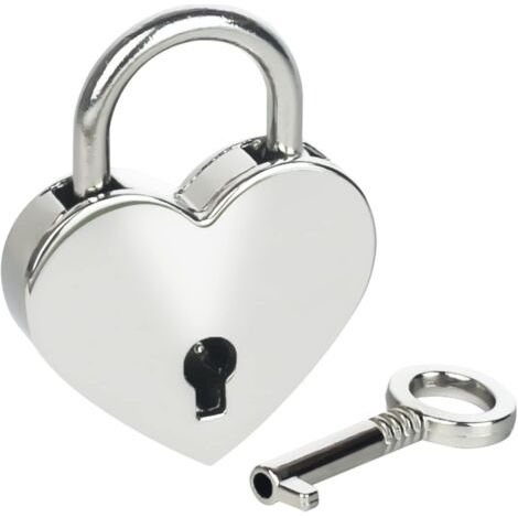 Candado decorativo vintage con llave en forma de corazón, 3,9 x 3 x 0,7 cm, plateado (1/4)