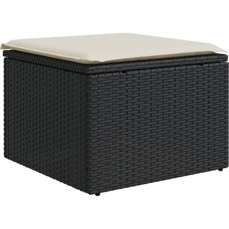 Banc de jardin avec coussin noir, dimensions 55x55x37 cm, en résine tissée. (1/4)
