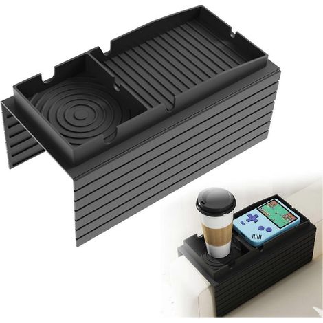 Table d'accoudoir de canapé avec porte-gobelet, plateau noir antidérapant, compatible avec les fauteuils inclinables ou les canapés, facile à nettoyer. (1/5)