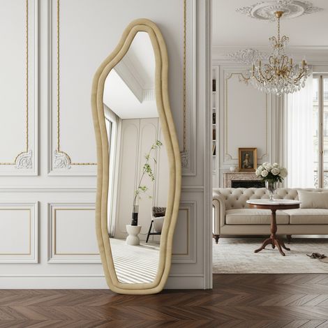 Miroir sur pied, être accroché, Cadres velours cristal, l.45 cm x H.140 cm, verre trempé haute définition, miroir pleine longueur irrégulier, jaune (1/5)