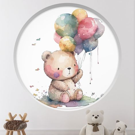 Stickers Trompe l'oeil Arche ronde Enfants - Ourson ballon - Diamètre 30 cm (1/4)