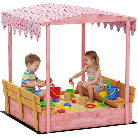 Bac à sable en bois avec couvercle, bac à sable enfant extérieur avec siège pliable toile imprimée flamants roses (1/5)