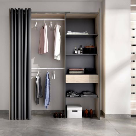 Dmora - Armario Wetterhorn, Estructura para vestidor con cortina, Perchero abierto, 160x50h205 cm, Roble y Antracita (1/5)
