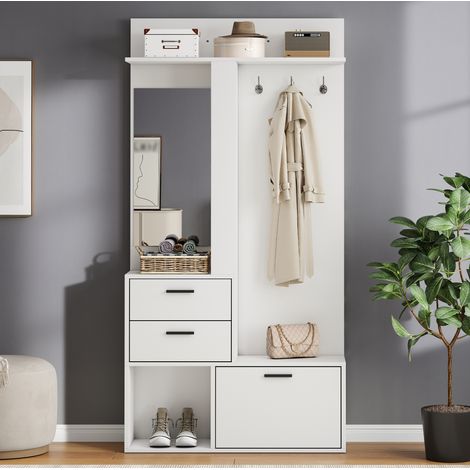 Meuble d'entrée 90x30x180 cm en bois blanc, avec rangement et miroir pour hall FloraGrace (1/5)