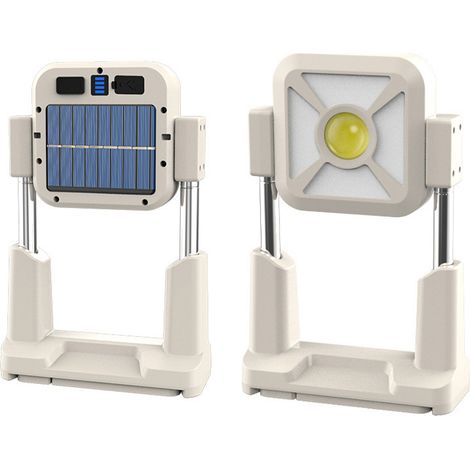 Lampe de travail solaire pour tente d'extérieur, projecteur portable rechargeable par USB, hauteur réglable, plusieurs modes d'éclairage (lumière vive/faible lumière/lumière chaude/éclat rouge)