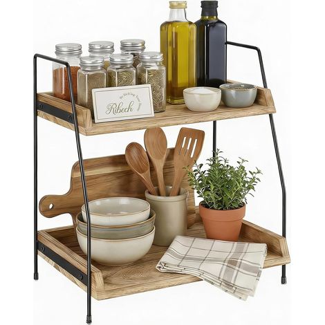 Étagère Organisateur à 2 Niveaux Salle de Bain ou Bar Rangement Cosmétiques et Café Montage Facile, Marron (1/5)