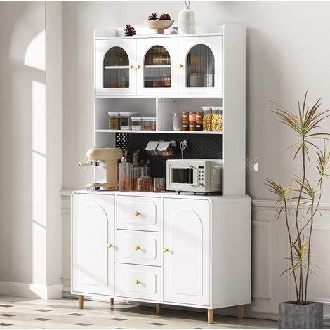 Buffet de cuisine haut en MDF blanc 120 x 40 x 190 cm, avec verre cannelé, 3 tiroirs, étagères réglables et panneau perforé (1/5)