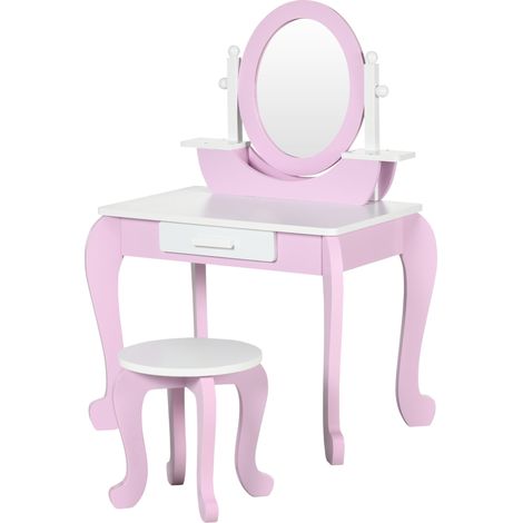 ZONEKIZ Set Toeletta Trucco per Bambini 3-6 Anni con Specchi e Sgabello Rosa