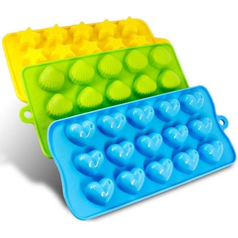 Lot de 3 moules à glaçons en silicone de différentes formes - Cœurs, étoiles et coquillages - Moule à chocolat en silicone - Amusant - Pour enfants, glaçons, chocolat, bonbons (1/5)