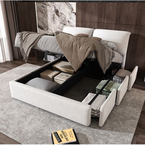 Letto contenitore adulto 140x200 cm con 3 cassetti, testiera, rete a doghe e sistema idraulico, in velluto beige, materasso non incluso (1/5)