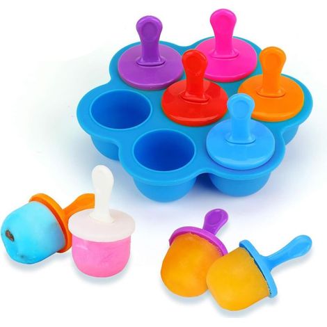 7 Mini Moules à Glace DIY en Silicone, Réutilisable, en 7 Tige en Plastique Colorés, pour Popsicles, Crèmes Glacées, Sorbets, Nourriture pour Bébé etc (Bleu) (1/5)
