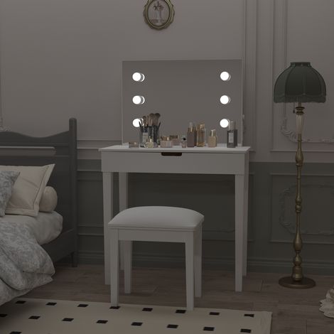 Coiffeuse 92×40×57 cm blanche avec miroir LED, 2 tiroirs et tabouret inclus (1/5)