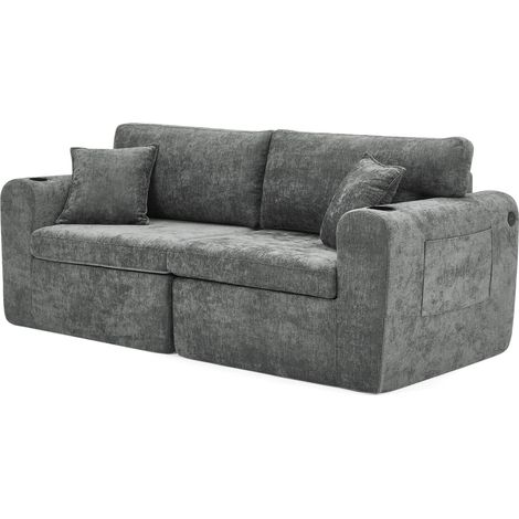 ELVMI 2-Sitzer Sofa mit Seitentasche, Getränkehalter und USB, aus Chenille Grau (1/5)
