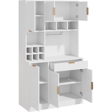 Aparador alto de cocina 100x40x175 cm con enchufes USB, botellero y colgador de copas blanco (1/5)