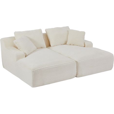 Vente-Unique – Canapé 3 places convertible en velours côtelé – Assise profonde moelleuse – Dossier et coussins déhoussables – Beige (1/5)