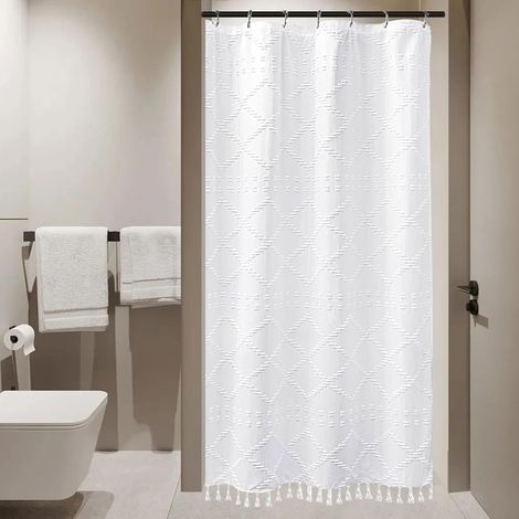 Petit rideau de douche en tissu tissé à pampilles de style bohème 91,4 x 183 cm Demi taille Rideau de douche touffeté à rayures Rideau de douche minimaliste moderne et rustique (1/5)