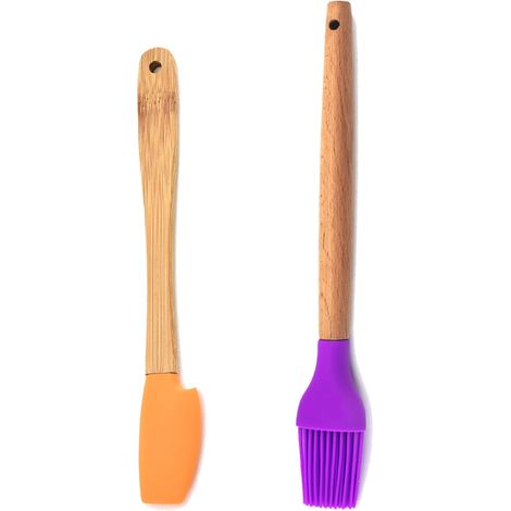 Ensemble Mini Ustensiles Silicone - Manches En Bambou Naturel - Pour Pots Et Espaces Étroits - Lot De 2 Pièces (1/5)