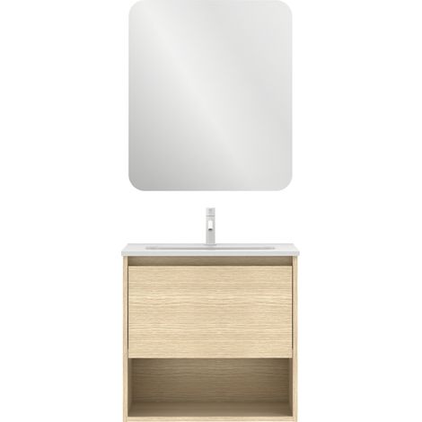 Meuble salle de bain suspendu NIWA chêne sablé 60 cm Miroir inclus (1/5)