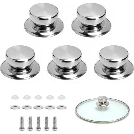Bouton de couvercle inox universel, Poignée de remplacement pour couvercle avec trou central 5–10mm, résistant à la chaleur pour couvercles en verre et casserole, boutoncouvercle avec vis lot de 5 (1/5)