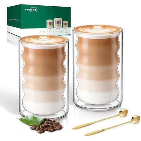 Double Wall Coffee Cup, Double Wall Glass Cup Set, Espresso Glasses with Spoons Suitable for Latte, Macchiato, Cappuccino, Beer, Milk, Tea (1/5)