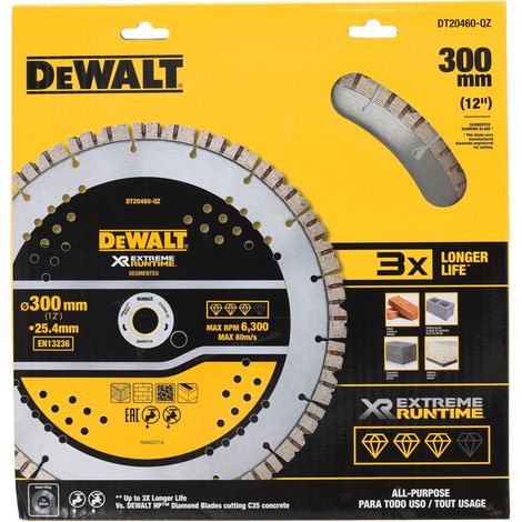 Disco de diamante segmentado DeWALT Elite 300 mm, uso general en construcción, cortes rápidos y duraderos, ideal para hormigón, ladrillo y materiales de obra