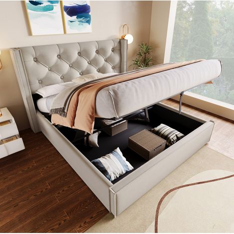 Bett mit Stauraum Baumwolle Hellgrau 160x200 cm, Polsterbett mit Lattenrost und gepolstertem Kopfteil (1/5)