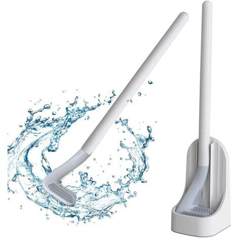 Scopa per WC in silicone, scopa per WC, scopa per WC con supporto, scopa da bagno con lungo manico in plastica, per montaggio a parete o a pavimento, spazzola per la pulizia del bagno