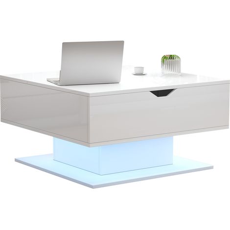 ELVMI Tavolino da Caffè Sollevabile con 1 Spazio Nascosto e 1 Spazio Semi-Aperto, LED, Soggiorno, 80×75×40 cm, Bianco (1/5)