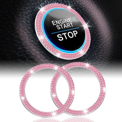 2PCS Autocollants décoratifs pour bouton de démarrage de voiture, strass et cristaux. Anneaux brillants pour bouton de démarrage, accessoires intérieurs scintillants pour voiture - Rose (1/5)