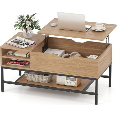 COSTWAY Lift Top Coffee Table Living Room Table w/ Storage Shelf-Natural