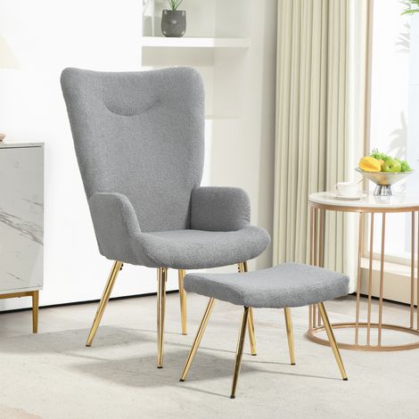 Ensemble fauteuil avec repose-pieds, tissu bouclette gris et pieds en métal doré, dossier haut, grand confort