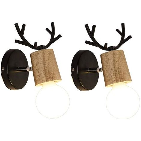 – Lot de 2 appliques murales cerf en bois noir – E27 pour éclairage intérieur – Lampe murale chambre et escalier – Design rétro (1/4)