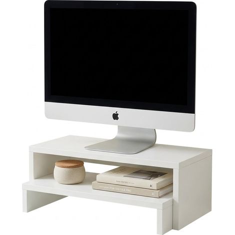 FurnitureR Monitorständer Holz, Monitorerhöhung für Schreibtisch, Bildschirmständer mit 2 Ebenen, Monitorablage für PC, Drucker, ergonomischer Monitor Riser mit Stauraum für Home Office & Büro, Weiß