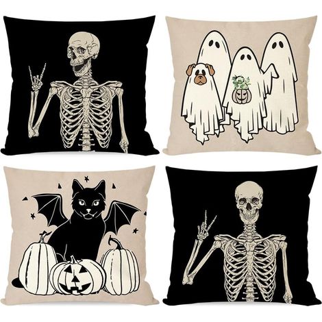 Fundas de cojín de Halloween de 45x45 cm, juego de 4: esqueleto, fantasma, gato negro. Decoraciones otoñales para Halloween: perro, calabaza, cojines. (1/5)