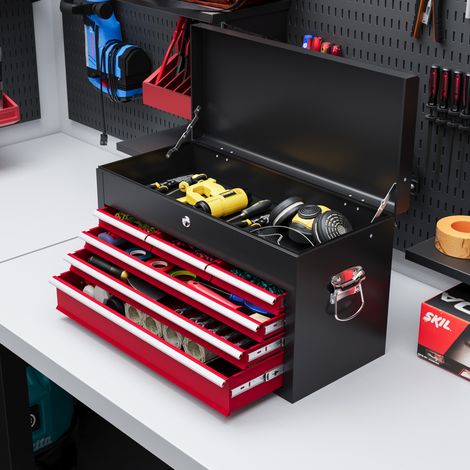 Caja de herramientas con cerradura de 6 cajones, de acero con guías de rodamientos de bolas y 2 asas, 60x26x34 cm, color negro y rojo.