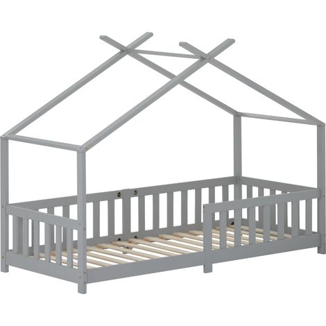 Lit cabane enfant 90x200 avec barrière de sécurité et sommier à lattes, en bois, gris clair, pour chambre d'enfant et ado CHICFURN (1/5)