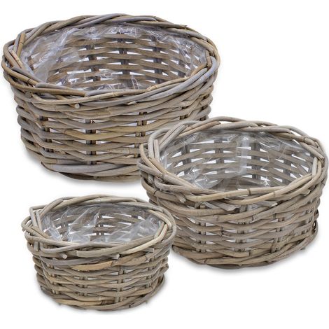 Bol à plantes en rotin en lot de 3 - environ Ø 21 / 26 / 30 cm - panier à plantes rond en saule