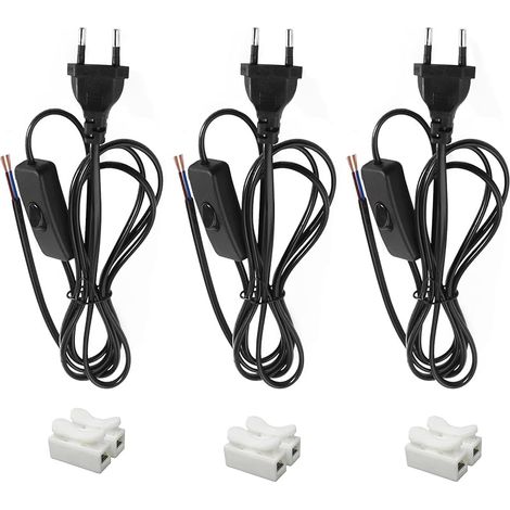 3 Pièces Cordon avec Interrupteur 1,8 m Câble de Connexion avec Euro Fiche, 2 x 0,75 mm²,2 x Câbles de Lampe avec Interrupteur pour Lampes, Lampes de Table, lampadaires (Noir) (1/5)