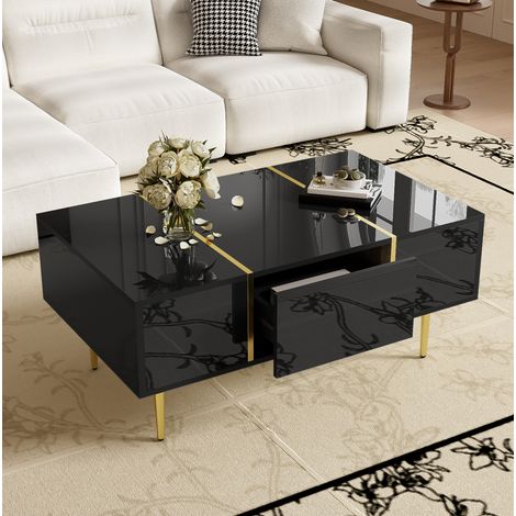 Table basse 100x60x41,5 cm noire brillante avec 2 tiroirs, MDF et métal MEUBLIV (1/5)