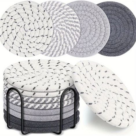 Lot de 8 sous-verres tissés en coton, tons gris, set assorti pour table et boissons (1/4)