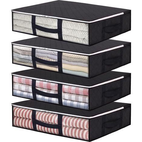 Lot de 4 sacs de rangement pliables de 40 l avec fenêtre transparente et poignées renforcées, organiseur à fermeture éclair pour couettes, couvertures, literie, noir (1/5)