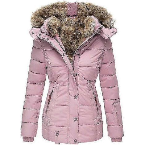 Veste d'hiver chaude pour femme avec col en fourrure, fermeture éclair, manches longues, coupe ajustée, capuche (XL rose)