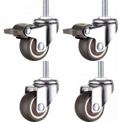 Jeu de 4 petites roulettes pour meubles - 25 Mm - Tpe caoutchouc souple - M6 X 15 Mm - Filetage (2 pièces avec frein) (25 Mm) (1/5)
