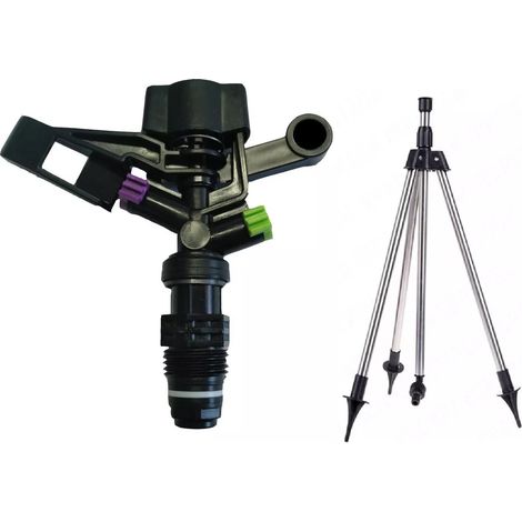 Pack aspersor de riego circular 1/2" más trípode porta aspersor.  Aspersor de impacto agrícola bajo caudal fabricado en plástico y acero inoxidable. Sistema de tensión del muelle regulable para (1/5)